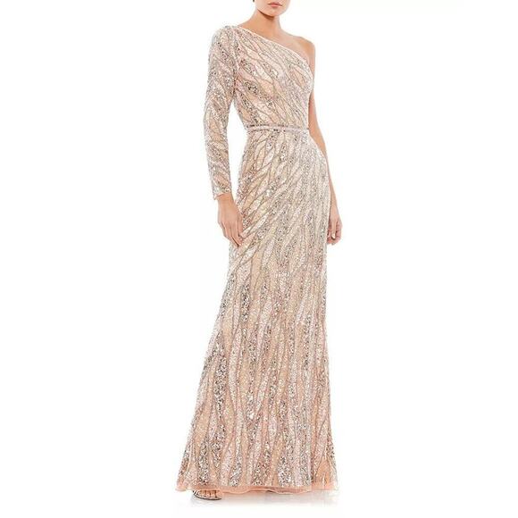 Mac Duggal Embellished One Shoulder Sequin Gown Rose Gold Size 2 NWT - Picture 3 of 14